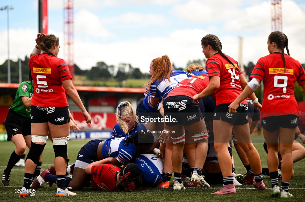 8 August 2026; Sarah Delaney of Leinster, obscured, scores her side's first try during the Vodafone Womens Interprovincial Championship Round 1 match between Munster and Leinster at Virgin Media Park in Cork. Photo by Shauna Clinton/Sportsfile
