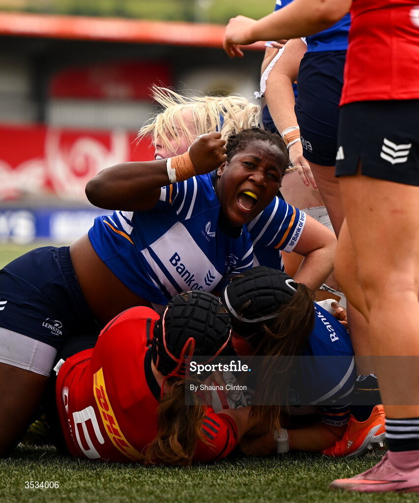 8 August 2026; Linda Djougang of Leinster, centre, celebrates her side's first try, scored by team-mate Sarah Delaney, obscured, during the Vodafone Womens Interprovincial Championship Round 1 match between Munster and Leinster at Virgin Media Park in Cork. Photo by Shauna Clinton/Sportsfile