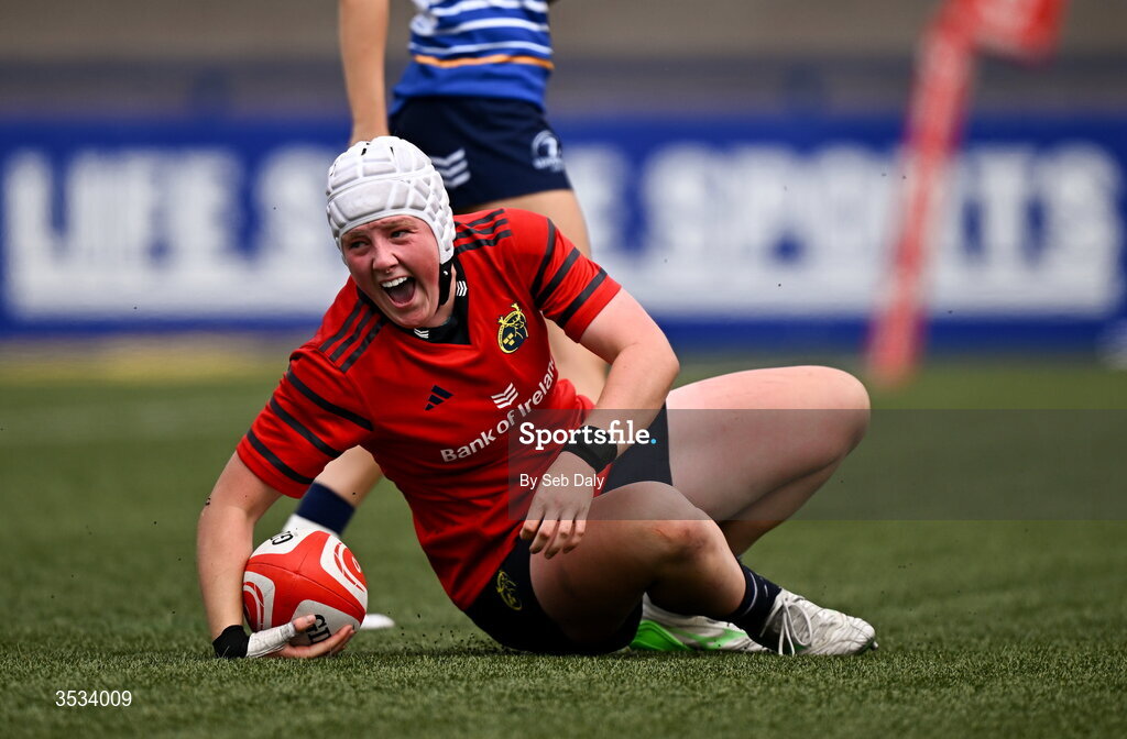 8 August 2026; Beth Buttimer of Munster celebrates after scoring her side's third try during the Vodafone Womens Interprovincial Championship Round 1 match between Munster and Leinster at Virgin Media Park in Cork. Photo by Seb Daly/Sportsfile