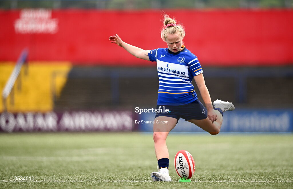8 August 2026; Dannah O'Brien of Leinster kicks a conversion during the Vodafone Womens Interprovincial Championship Round 1 match between Munster and Leinster at Virgin Media Park in Cork. Photo by Shauna Clinton/Sportsfile