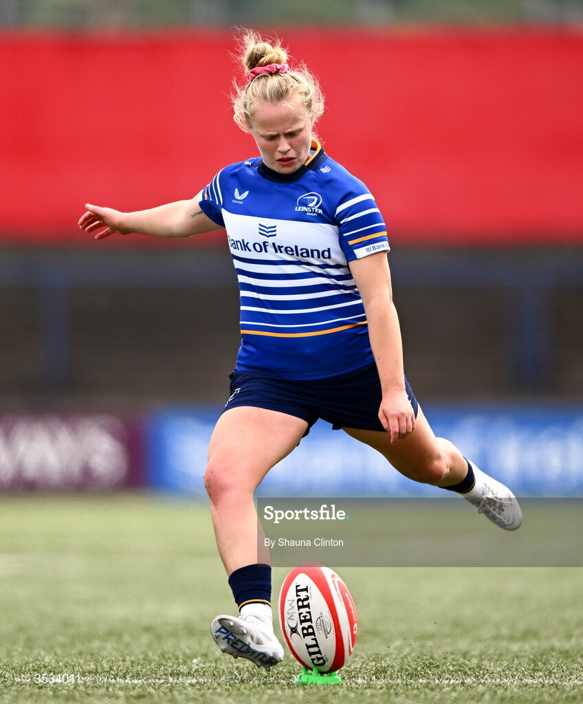 8 August 2026; Dannah O'Brien of Leinster kicks a conversion during the Vodafone Womens Interprovincial Championship Round 1 match between Munster and Leinster at Virgin Media Park in Cork. Photo by Shauna Clinton/Sportsfile