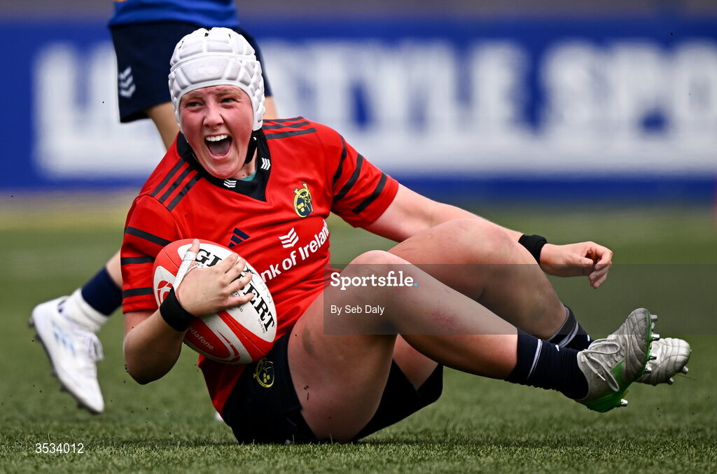 8 August 2026; Beth Buttimer of Munster celebrates after scoring her side's third try during the Vodafone Womens Interprovincial Championship Round 1 match between Munster and Leinster at Virgin Media Park in Cork. Photo by Seb Daly/Sportsfile