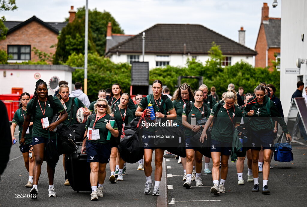 8 August 2026; Connacht players arrive before the Vodafone Womens Interprovincial Championship Round 1 match between Ulster and Connacht at Affidea Stadium in Belfast. Photo by Ben McShane/Sportsfile