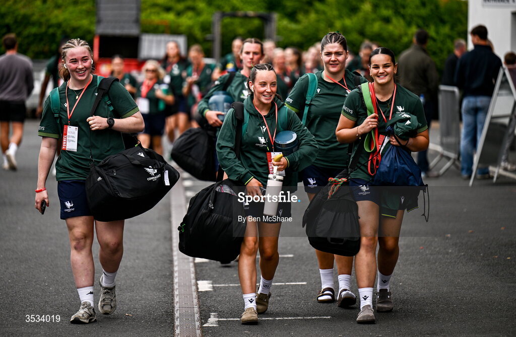 8 August 2026; Connacht players arrive before the Vodafone Womens Interprovincial Championship Round 1 match between Ulster and Connacht at Affidea Stadium in Belfast. Photo by Ben McShane/Sportsfile