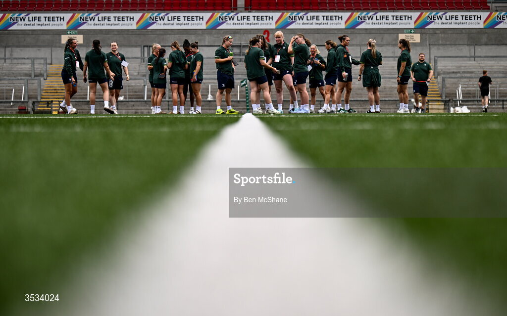 8 August 2026; Connacht players inspect the pitch before the Vodafone Womens Interprovincial Championship Round 1 match between Ulster and Connacht at Affidea Stadium in Belfast. Photo by Ben McShane/Sportsfile