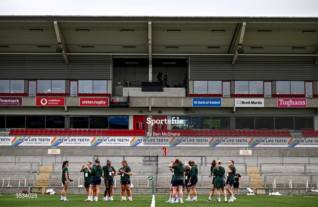 8 August 2026; Connacht players inspect the pitch before the Vodafone Womens Interprovincial Championship Round 1 match between Ulster and Connacht at Affidea Stadium in Belfast. Photo by Ben McShane/Sportsfile