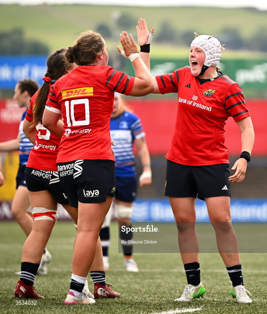 8 August 2026; Munster players Enya Breen, left, and Beth Buttimer celebrate winning a penalty during the Vodafone Womens Interprovincial Championship Round 1 match between Munster and Leinster at Virgin Media Park in Cork. Photo by Shauna Clinton/Sportsfile