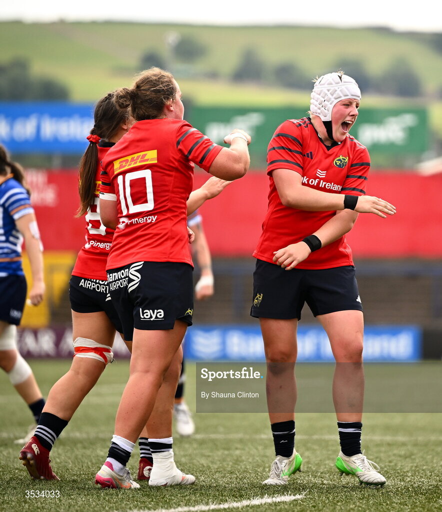 8 August 2026; Munster players Enya Breen, left, and Beth Buttimer celebrate winning a penalty during the Vodafone Womens Interprovincial Championship Round 1 match between Munster and Leinster at Virgin Media Park in Cork. Photo by Shauna Clinton/Sportsfile