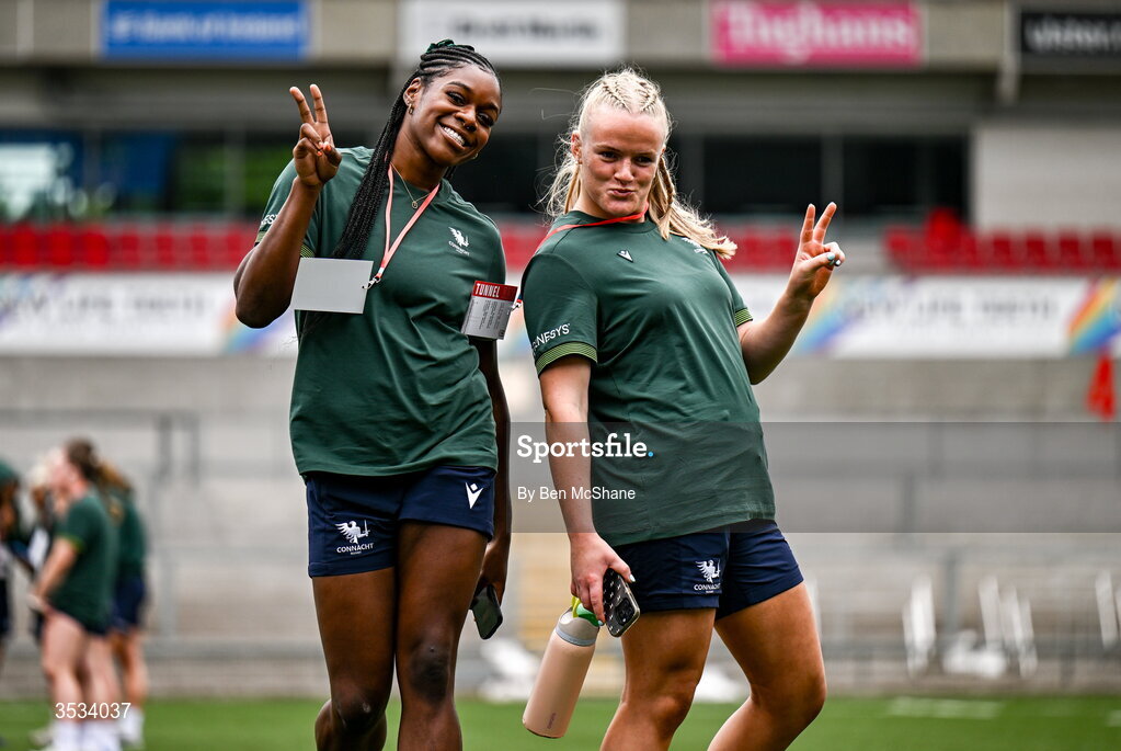 8 August 2026; Faith Oviawe, left, and Ailish Quinn of Connacht before the Vodafone Womens Interprovincial Championship Round 1 match between Ulster and Connacht at Affidea Stadium in Belfast. Photo by Ben McShane/Sportsfile