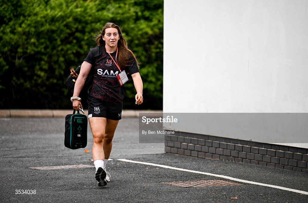 8 August 2026; Claire Boles of Ulster arrives before the Vodafone Womens Interprovincial Championship Round 1 match between Ulster and Connacht at Affidea Stadium in Belfast. Photo by Ben McShane/Sportsfile