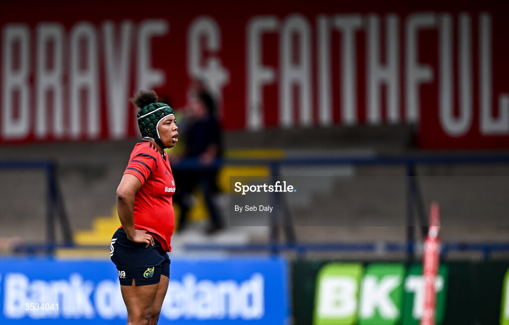 8 August 2026; Grace Moore of Munster during the Vodafone Womens Interprovincial Championship Round 1 match between Munster and Leinster at Virgin Media Park in Cork. Photo by Seb Daly/Sportsfile