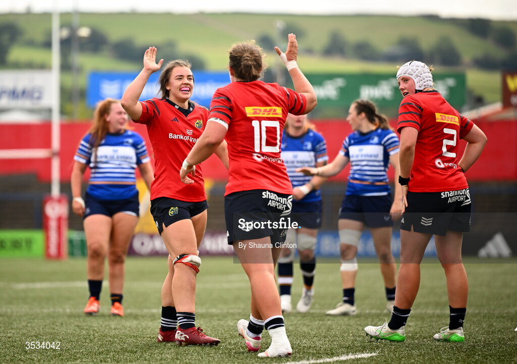 8 August 2026; Munster players Maeve Óg O'Leary, left, and Enya Breen celebrate winning a penalty during the Vodafone Womens Interprovincial Championship Round 1 match between Munster and Leinster at Virgin Media Park in Cork. Photo by Shauna Clinton/Sportsfile