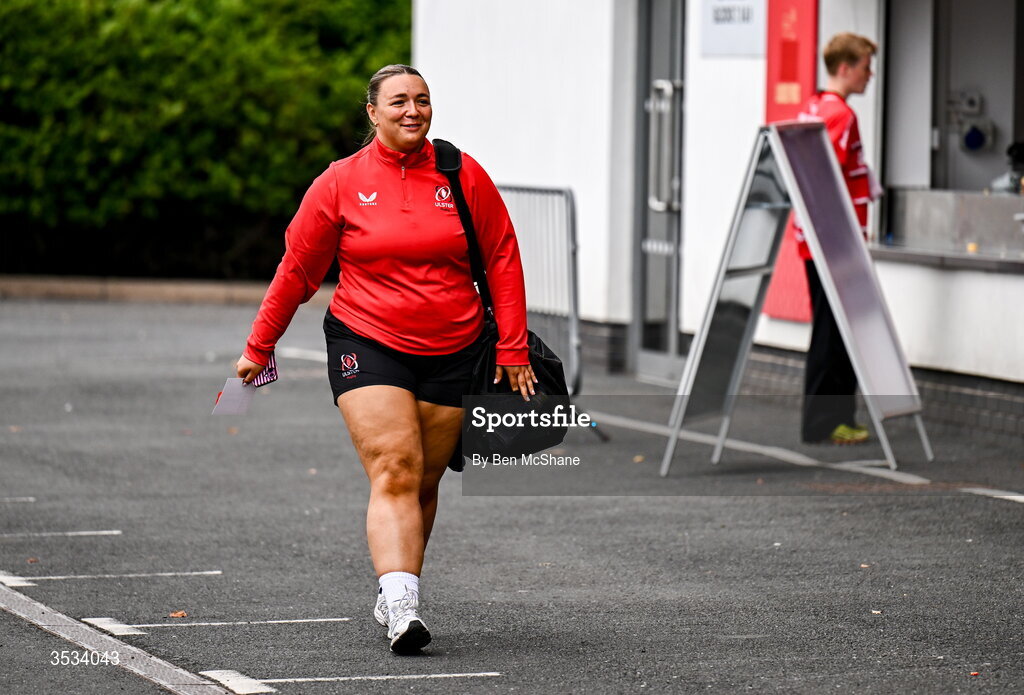 8 August 2026; Ava Fannin of Ulster arrives before the Vodafone Womens Interprovincial Championship Round 1 match between Ulster and Connacht at Affidea Stadium in Belfast. Photo by Ben McShane/Sportsfile