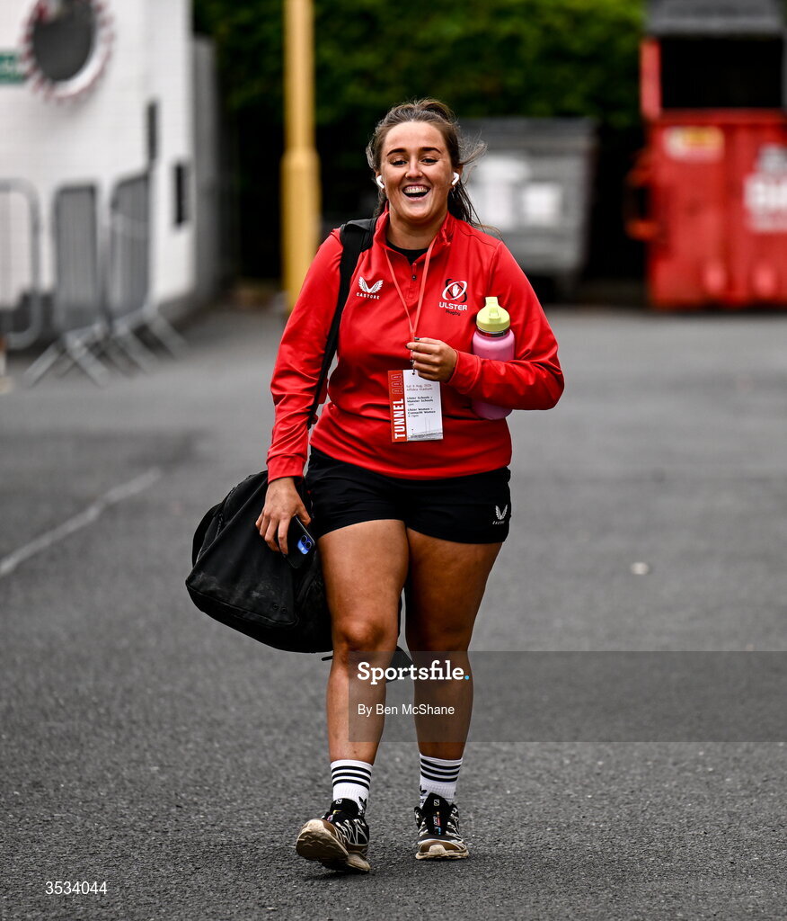 8 August 2026; Emily Whittle of Ulster arrives before the Vodafone Womens Interprovincial Championship Round 1 match between Ulster and Connacht at Affidea Stadium in Belfast. Photo by Ben McShane/Sportsfile