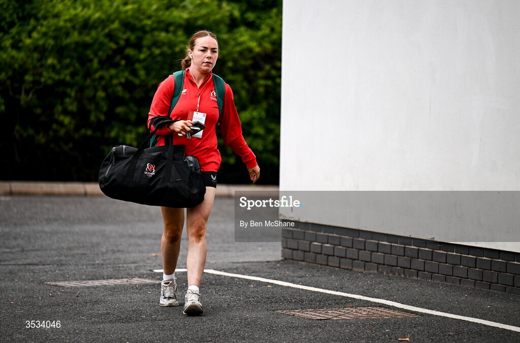 8 August 2026; Niamh Marley of Ulster arrives before the Vodafone Womens Interprovincial Championship Round 1 match between Ulster and Connacht at Affidea Stadium in Belfast. Photo by Ben McShane/Sportsfile