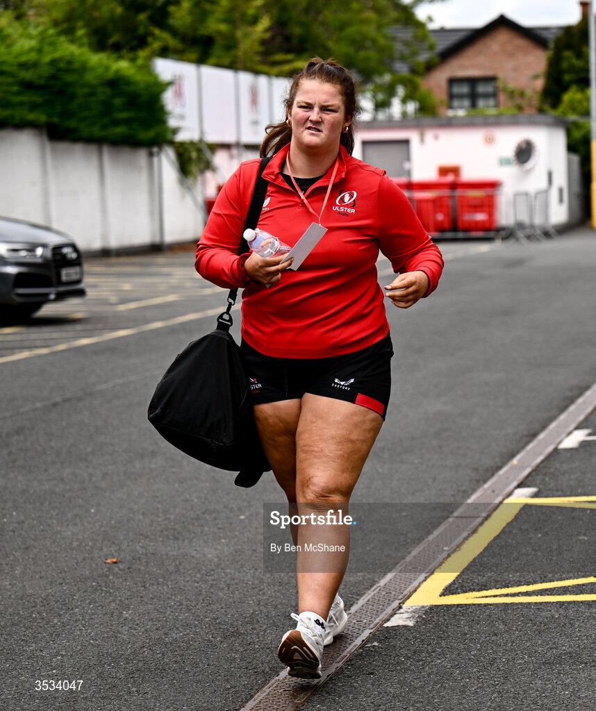 8 August 2026; Sophie Barrett of Ulster arrives before the Vodafone Womens Interprovincial Championship Round 1 match between Ulster and Connacht at Affidea Stadium in Belfast. Photo by Ben McShane/Sportsfile