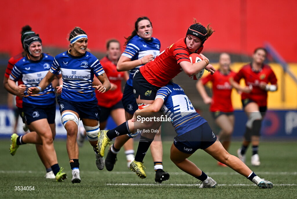 8 August 2026; Sally Kelly of Munster is tackled by Robyn O'Connor of Leinster during the Vodafone Womens Interprovincial Championship Round 1 match between Munster and Leinster at Virgin Media Park in Cork. Photo by Seb Daly/Sportsfile