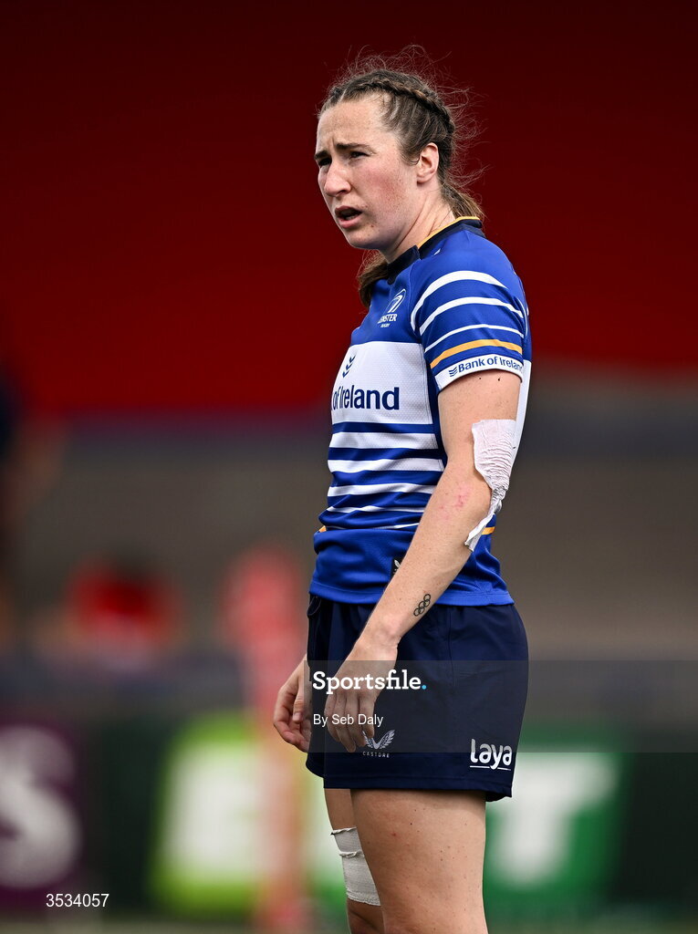 8 August 2026; Eve Higgins of Leinster during the Vodafone Womens Interprovincial Championship Round 1 match between Munster and Leinster at Virgin Media Park in Cork. Photo by Seb Daly/Sportsfile
