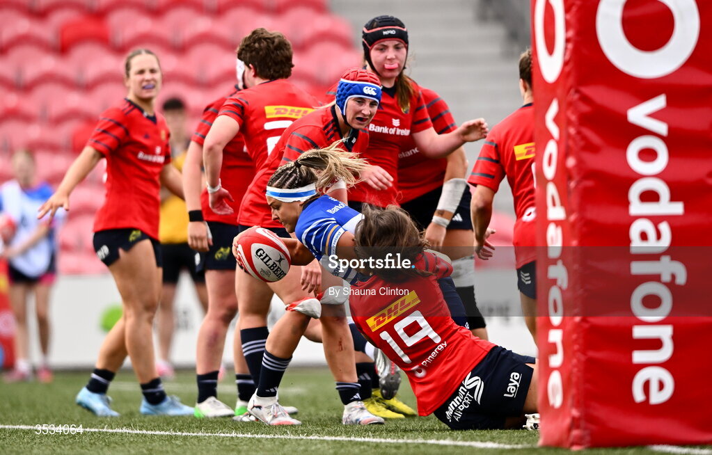 8 August 2026; Erin King of Leinster scores her side's second try during the Vodafone Womens Interprovincial Championship Round 1 match between Munster and Leinster at Virgin Media Park in Cork. Photo by Shauna Clinton/Sportsfile
