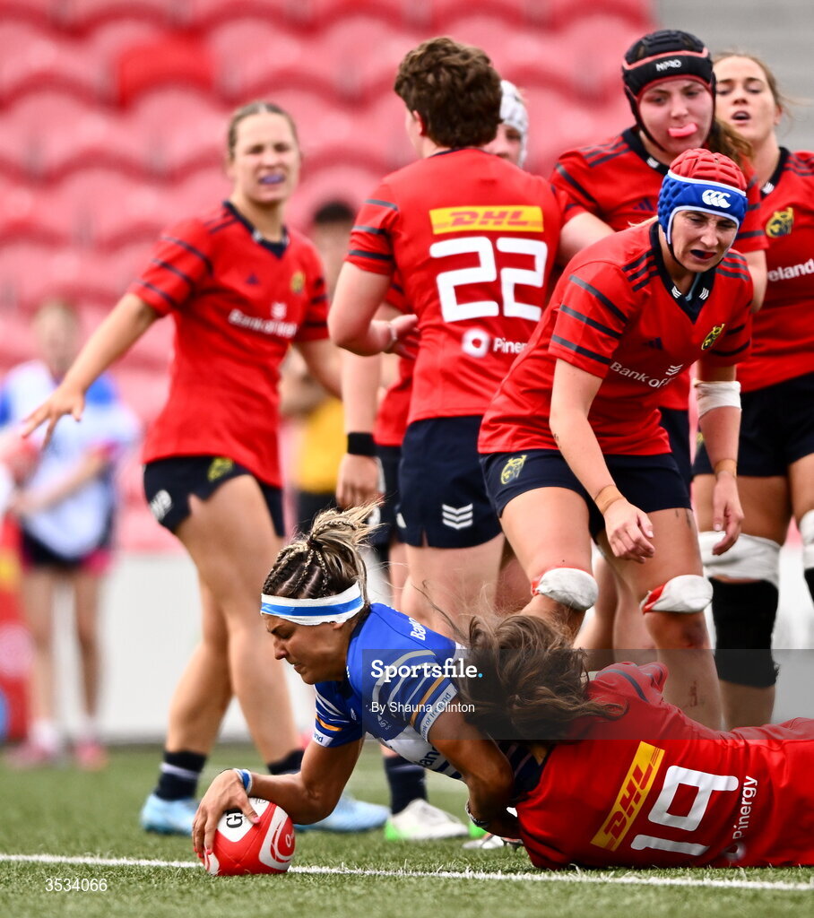 8 August 2026; Erin King of Leinster scores her side's second try during the Vodafone Womens Interprovincial Championship Round 1 match between Munster and Leinster at Virgin Media Park in Cork. Photo by Shauna Clinton/Sportsfile