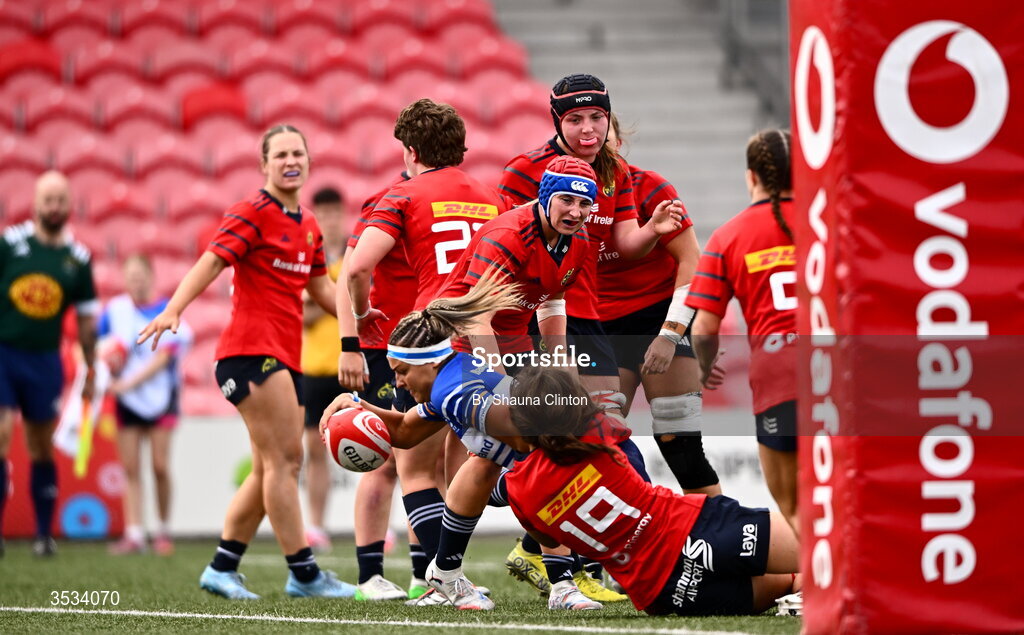 8 August 2026; Erin King of Leinster scores her side's second try during the Vodafone Womens Interprovincial Championship Round 1 match between Munster and Leinster at Virgin Media Park in Cork. Photo by Shauna Clinton/Sportsfile