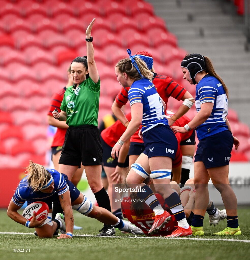8 August 2026; Erin King of Leinster is congratulated by team-mates after scoring her side's second try during the Vodafone Womens Interprovincial Championship Round 1 match between Munster and Leinster at Virgin Media Park in Cork. Photo by Shauna Clinton/Sportsfile