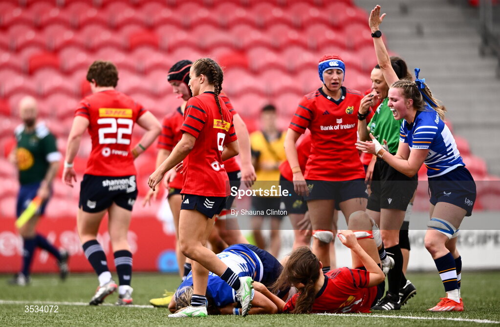 8 August 2026; Erin King of Leinster is congratulated by team-mates after scoring her side's second try during the Vodafone Womens Interprovincial Championship Round 1 match between Munster and Leinster at Virgin Media Park in Cork. Photo by Shauna Clinton/Sportsfile