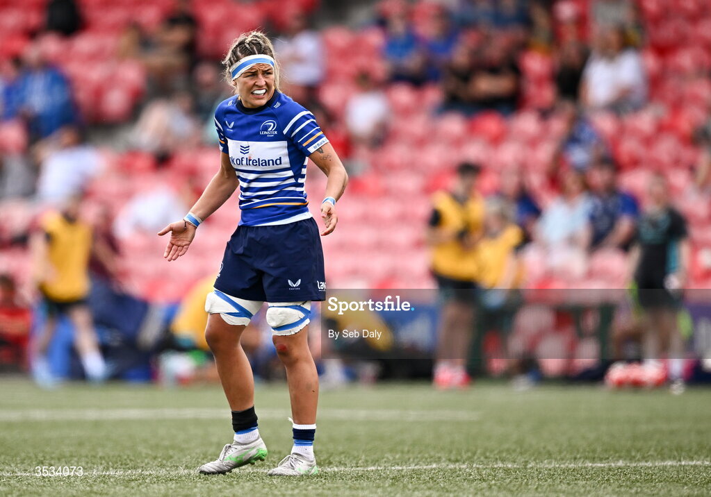 8 August 2026; Erin King of Leinster during the Vodafone Womens Interprovincial Championship Round 1 match between Munster and Leinster at Virgin Media Park in Cork. Photo by Seb Daly/Sportsfile