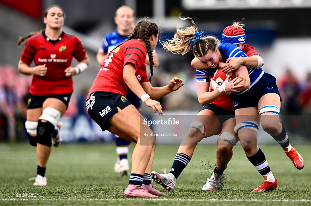 8 August 2026; Aoife Corcoran of Leinster is tackled by Clodagh O’Halloran of Munster during the Vodafone Womens Interprovincial Championship Round 1 match between Munster and Leinster at Virgin Media Park in Cork. Photo by Shauna Clinton/Sportsfile