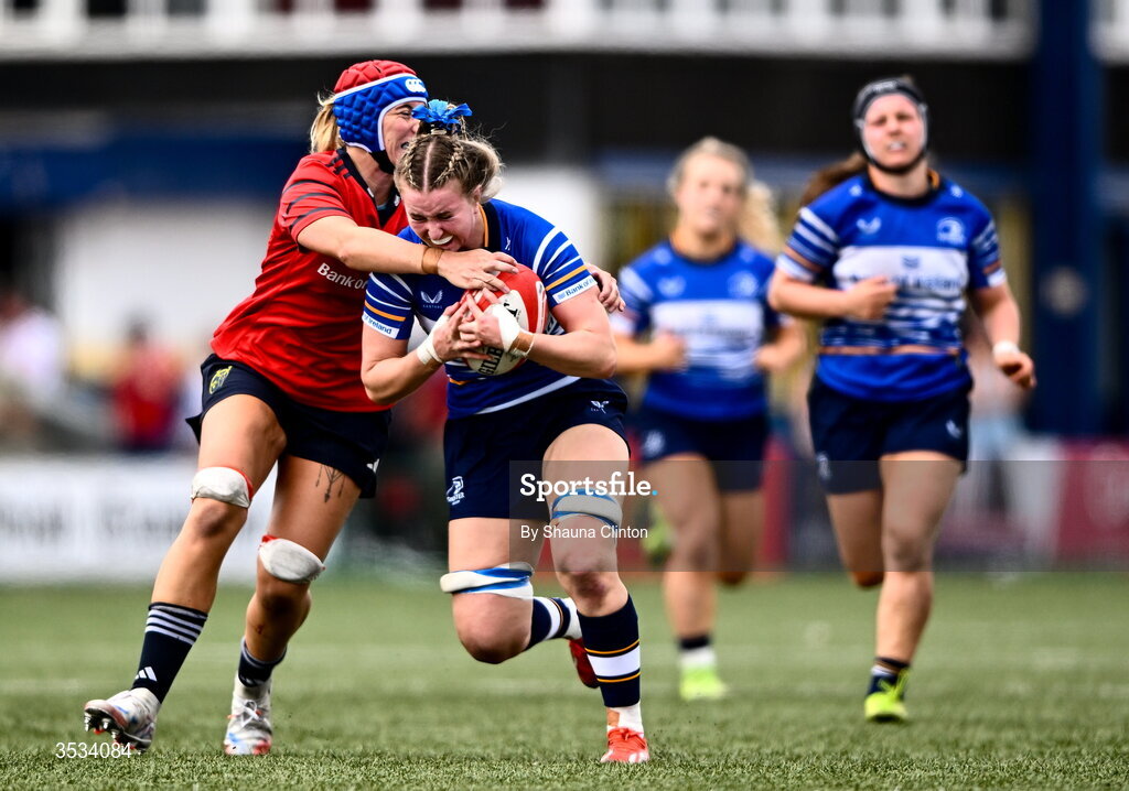 8 August 2026; Aoife Corcoran of Leinster is tackled by Clodagh O’Halloran of Munster during the Vodafone Womens Interprovincial Championship Round 1 match between Munster and Leinster at Virgin Media Park in Cork. Photo by Shauna Clinton/Sportsfile