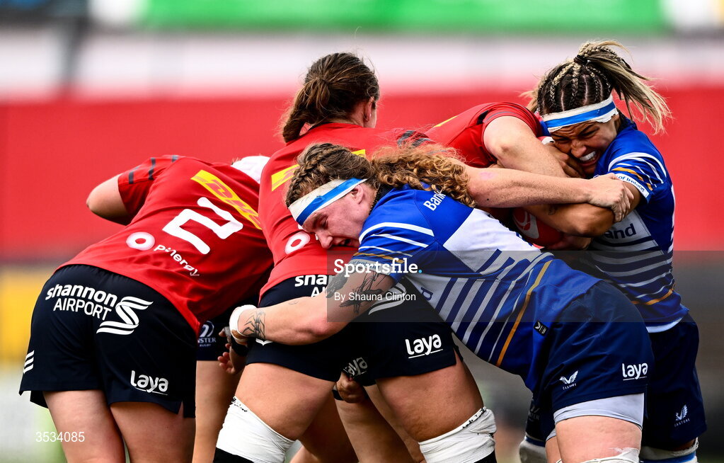 8 August 2026; Leinster players Ruth Campbell, left, and Erin King during the Vodafone Womens Interprovincial Championship Round 1 match between Munster and Leinster at Virgin Media Park in Cork. Photo by Shauna Clinton/Sportsfile
