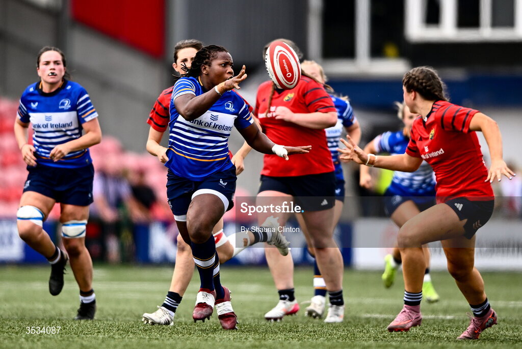 8 August 2026; Linda Djougang of Leinster offloads the ball during the Vodafone Womens Interprovincial Championship Round 1 match between Munster and Leinster at Virgin Media Park in Cork. Photo by Shauna Clinton/Sportsfile