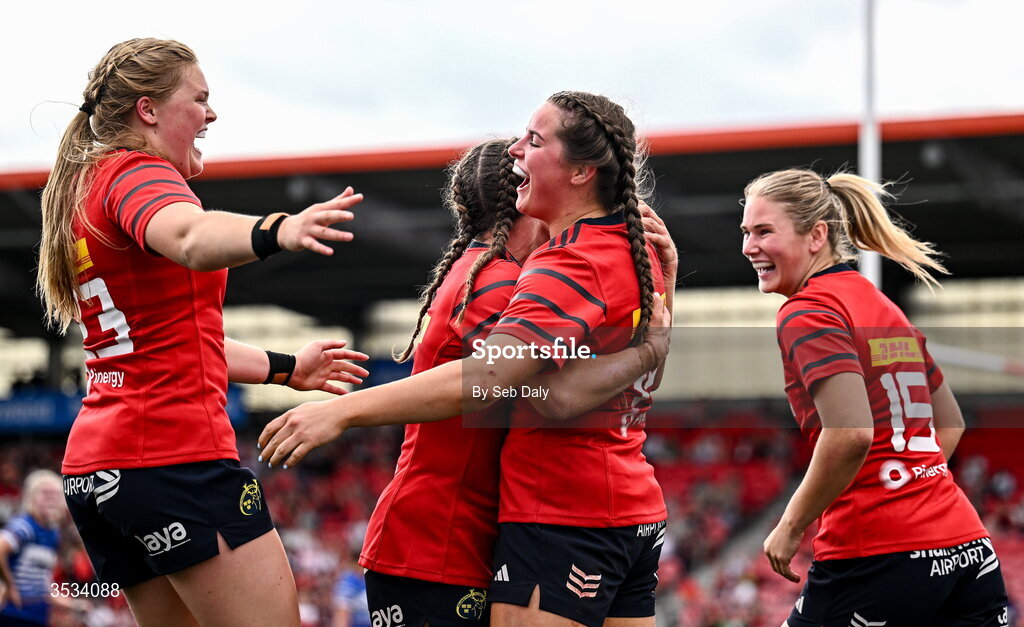 8 August 2026; Katie Corrigan of Munster, centre, celebrates with teammates after scoring their side's sixth try during the Vodafone Womens Interprovincial Championship Round 1 match between Munster and Leinster at Virgin Media Park in Cork. Photo by Seb Daly/Sportsfile