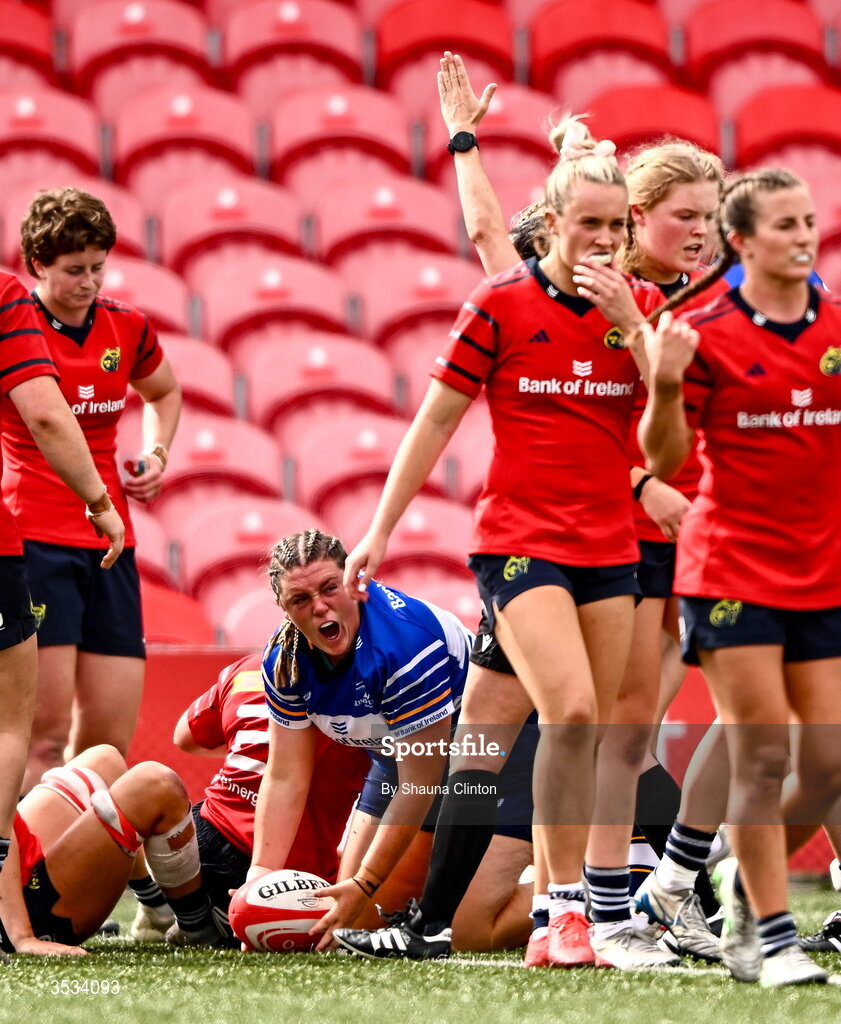8 August 2026; Hannah Wilson of Leinster scores her side's third try during the Vodafone Womens Interprovincial Championship Round 1 match between Munster and Leinster at Virgin Media Park in Cork. Photo by Shauna Clinton/Sportsfile