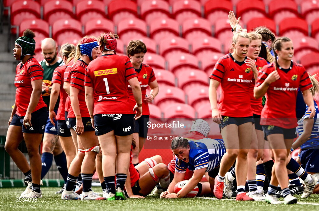 8 August 2026; Hannah Wilson of Leinster scores her side's third try during the Vodafone Womens Interprovincial Championship Round 1 match between Munster and Leinster at Virgin Media Park in Cork. Photo by Shauna Clinton/Sportsfile