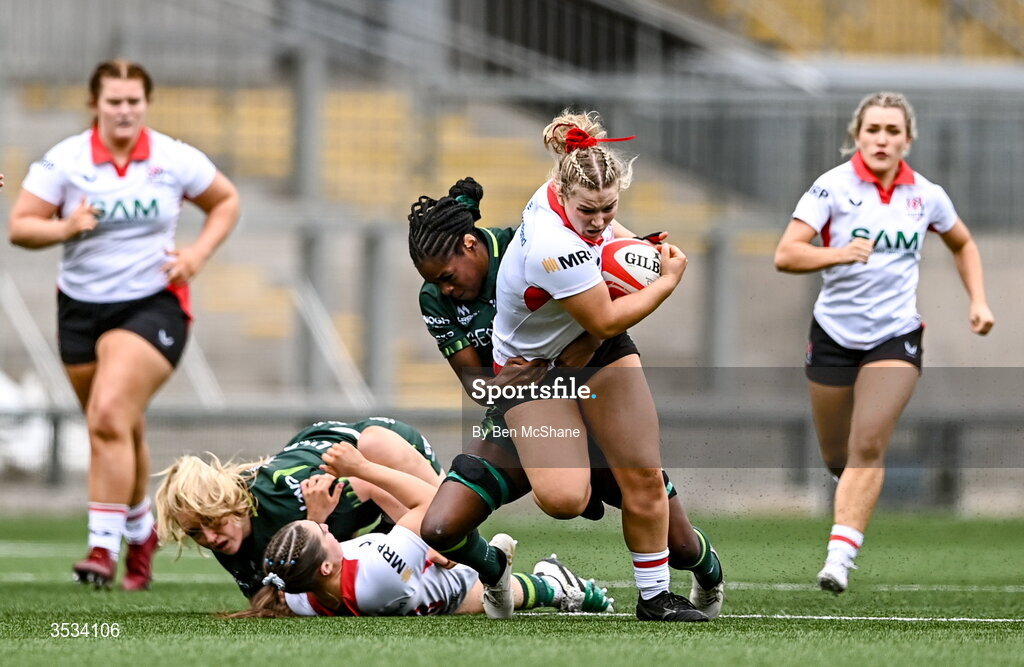 8 August 2026; Sadhbh McGrath of Ulster is tackled by Faith Oviawe of Connacht during the Vodafone Womens Interprovincial Championship Round 1 match between Ulster and Connacht at Affidea Stadium in Belfast. Photo by Ben McShane/Sportsfile