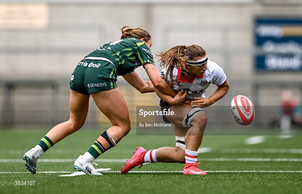 8 August 2026; Claire Boles of Ulster loses possession under pressure from Anna McGann of Connacht during the Vodafone Womens Interprovincial Championship Round 1 match between Ulster and Connacht at Affidea Stadium in Belfast. Photo by Ben McShane/Sportsfile