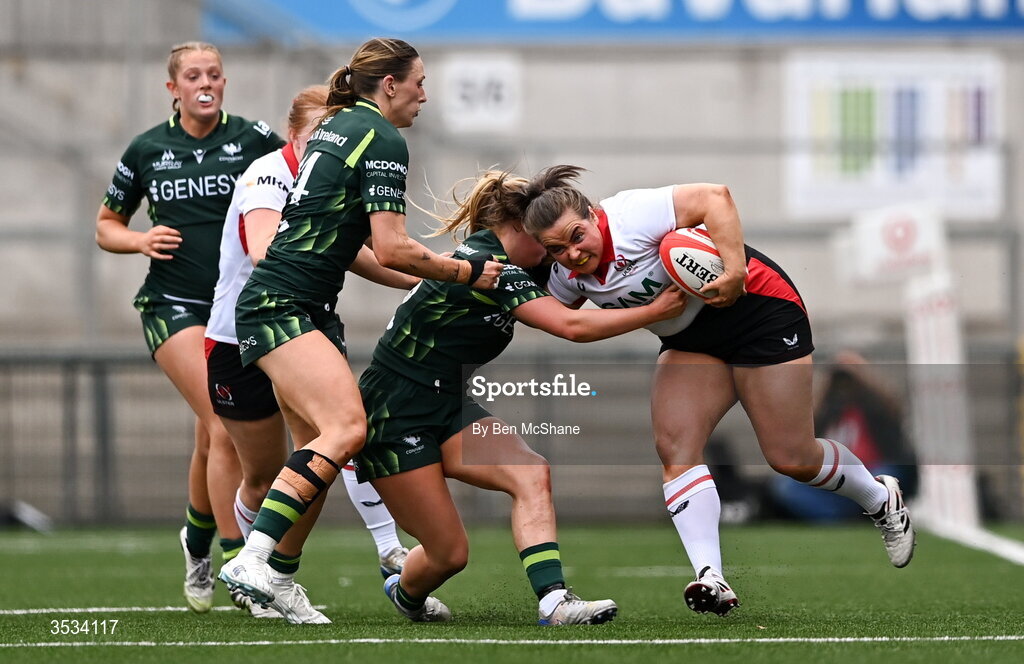 8 August 2026; Siobhan Sheerin of Ulster is tackled by Lyndsay Clarke of Connacht during the Vodafone Womens Interprovincial Championship Round 1 match between Ulster and Connacht at Affidea Stadium in Belfast. Photo by Ben McShane/Sportsfile