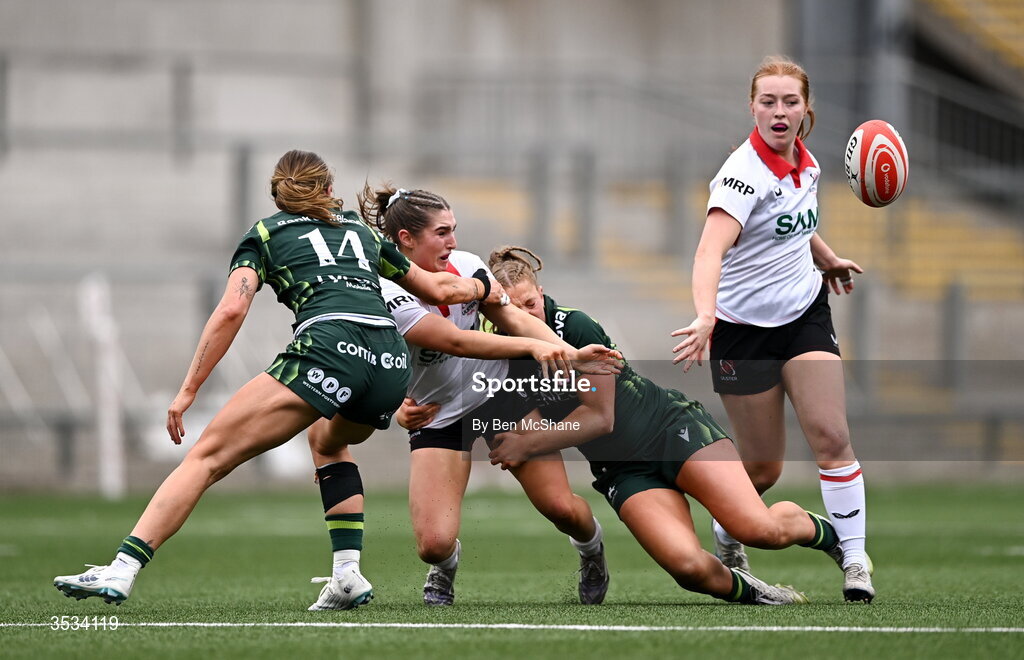 8 August 2026; Rachael McIlroy of Ulster is tackled by Anna McGann, left, and Siofra Hession of Connacht during the Vodafone Womens Interprovincial Championship Round 1 match between Ulster and Connacht at Affidea Stadium in Belfast. Photo by Ben McShane/Sportsfile
