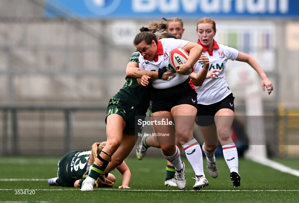 8 August 2026; Siobhan Sheerin of Ulster is tackled by Anna McGann of Connacht during the Vodafone Womens Interprovincial Championship Round 1 match between Ulster and Connacht at Affidea Stadium in Belfast. Photo by Ben McShane/Sportsfile