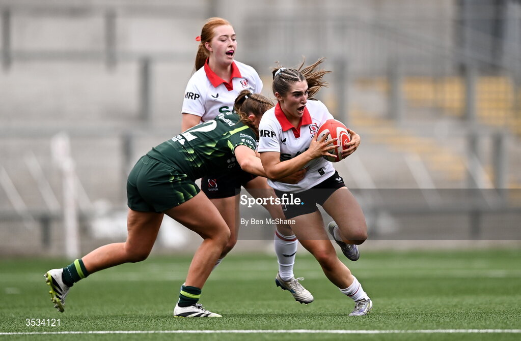 8 August 2026; Rachael McIlroy of Ulster is tackled by Siofra Hession of Connacht during the Vodafone Womens Interprovincial Championship Round 1 match between Ulster and Connacht at Affidea Stadium in Belfast. Photo by Ben McShane/Sportsfile