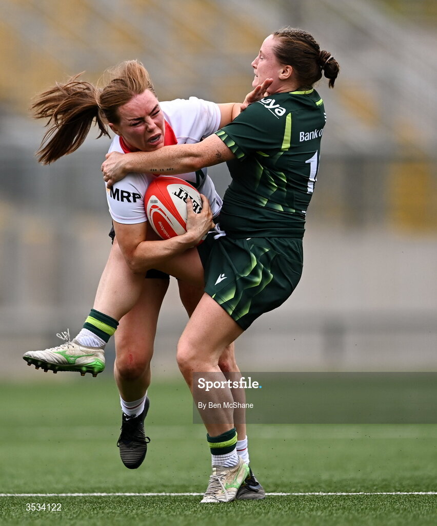 8 August 2026; Niamh Marley of Ulster is tackled by Meabh Deely of Connacht during the Vodafone Womens Interprovincial Championship Round 1 match between Ulster and Connacht at Affidea Stadium in Belfast. Photo by Ben McShane/Sportsfile