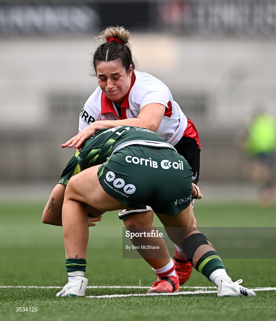 8 August 2026; Christy Hill of Ulster is tackled by Anna McGann of Connacht during the Vodafone Womens Interprovincial Championship Round 1 match between Ulster and Connacht at Affidea Stadium in Belfast. Photo by Ben McShane/Sportsfile