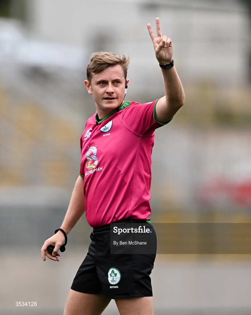 8 August 2026; Referee Mitchell Enderby during the Vodafone Womens Interprovincial Championship Round 1 match between Ulster and Connacht at Affidea Stadium in Belfast. Photo by Ben McShane/Sportsfile