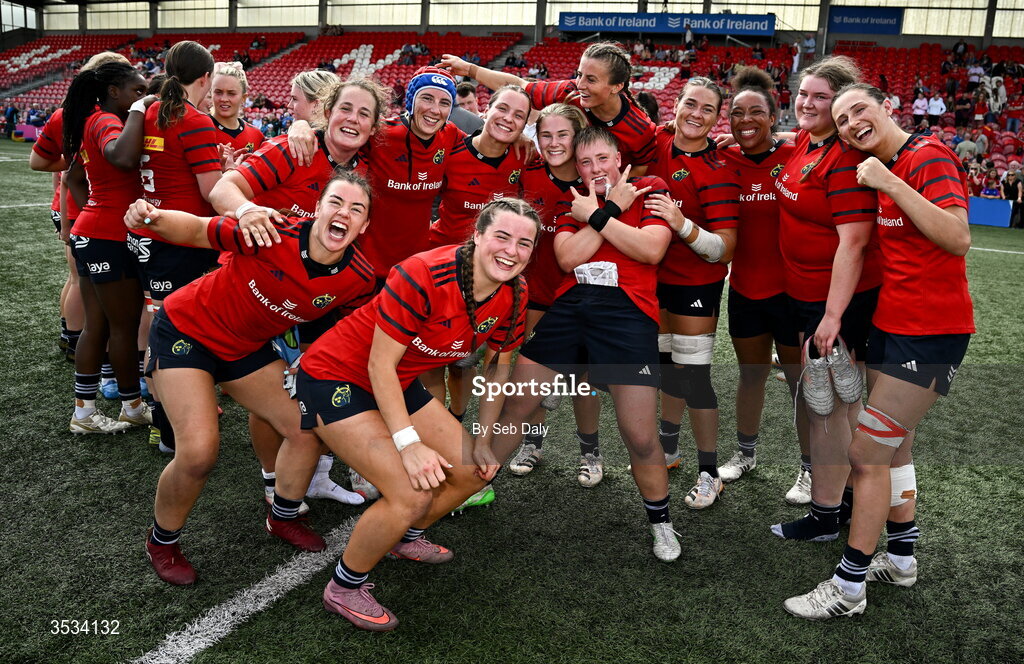 8 August 2026; Munster players celebrate after their side's victory in the Vodafone Womens Interprovincial Championship Round 1 match between Munster and Leinster at Virgin Media Park in Cork. Photo by Seb Daly/Sportsfile