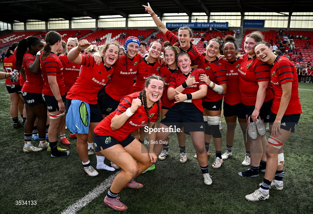 8 August 2026; Munster players celebrate after their side's victory in the Vodafone Womens Interprovincial Championship Round 1 match between Munster and Leinster at Virgin Media Park in Cork. Photo by Seb Daly/Sportsfile