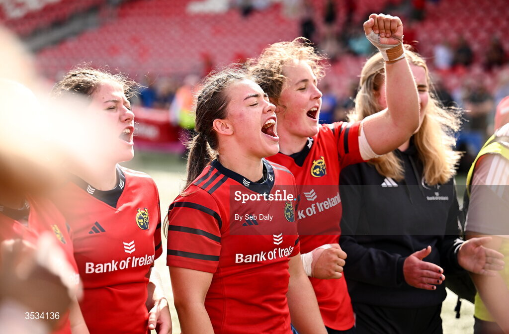 8 August 2026; Munster captain Maeve Óg O’Leary, centre, and teammates celebrate after their side's victory in the Vodafone Womens Interprovincial Championship Round 1 match between Munster and Leinster at Virgin Media Park in Cork. Photo by Seb Daly/Sportsfile