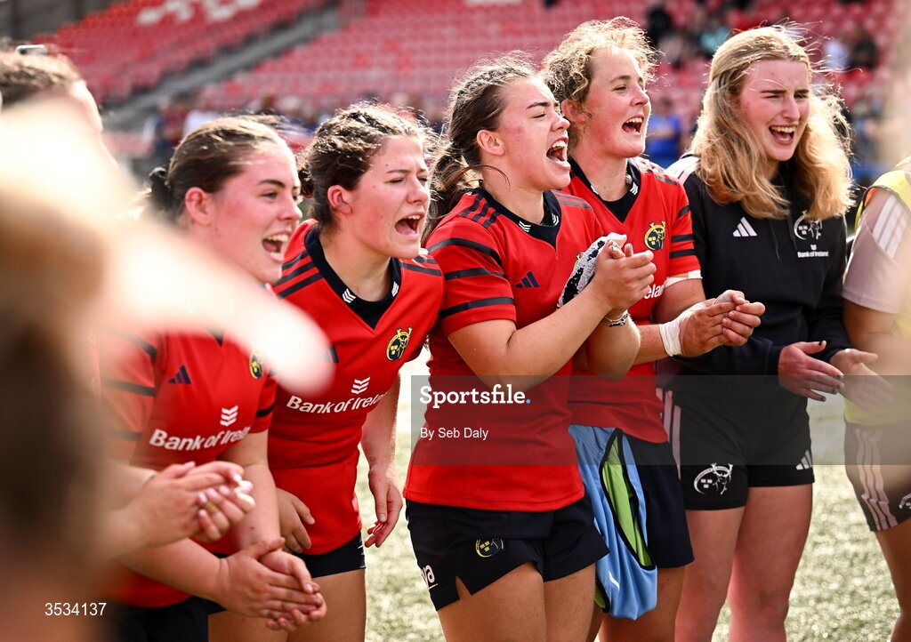 8 August 2026; Munster captain Maeve Óg O’Leary, centre, and teammates celebrate after their side's victory in the Vodafone Womens Interprovincial Championship Round 1 match between Munster and Leinster at Virgin Media Park in Cork. Photo by Seb Daly/Sportsfile