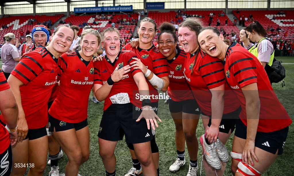 8 August 2026; Munster players celebrate after their side's victory in the Vodafone Womens Interprovincial Championship Round 1 match between Munster and Leinster at Virgin Media Park in Cork. Photo by Seb Daly/Sportsfile
