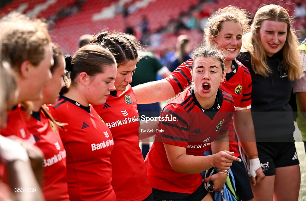 8 August 2026; Munster captain Maeve Óg O’Leary talks to her teammates after their side's victory in the Vodafone Womens Interprovincial Championship Round 1 match between Munster and Leinster at Virgin Media Park in Cork. Photo by Seb Daly/Sportsfile
